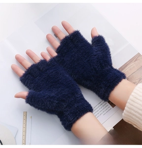 Gants demi-doigts bleu marine en peluche avec une texture douce en imitation de vison