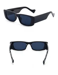 Detail view of small square sunglasses showing side and back angles in black