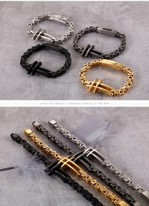 Detailed view of Byzantine chain bracelets with cross pendants in four metallic finishes