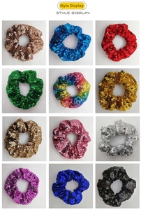 Detailed grid view of shiny sequin scrunchies in 12 different vibrant metallic colors
