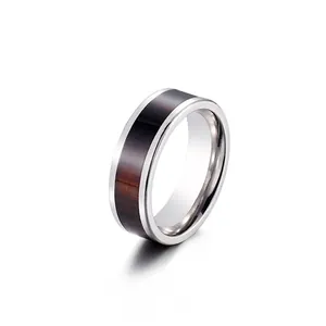 Men Stainless Steel Ring With Wood Inlay Vintage Industrial Style Creative Fashion Band For Daily Wear Jewelry
