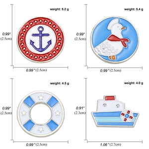 Set of four nautical enamel pins featuring anchor, boat, and seagull on metal badges