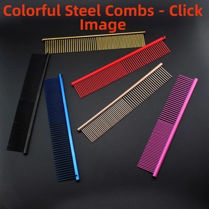 Close-up of colorful stainless steel pet combs in various vibrant metallic finishes