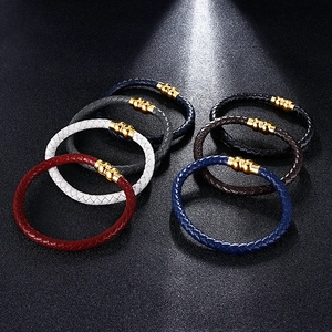 Braided leather bracelets with magnetic gold clasps in six colors on premium black background