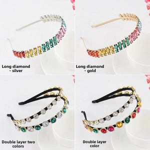 Detailed views of gold and silver metal headbands with colorful rhinestones and pearls