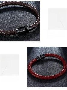 Detail of woven leather bracelets in red and brown with black magnetic clasps