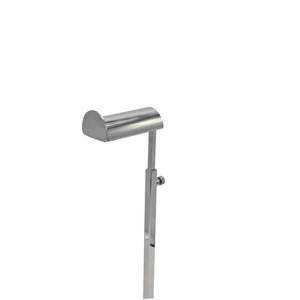 Close-up of silver handbag display rack with adjustable height knob and polished finish