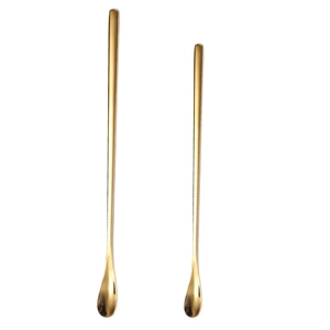 Set of 2 golden long-handled 304 stainless steel coffee stirring spoons on white background