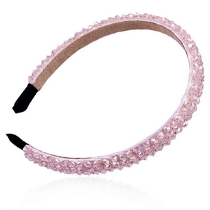 Elegant pink beaded headband with faceted crystal beads and non-slip lining for hair styling
