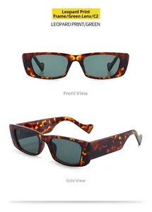 Detail view of rectangular sunglasses featuring leopard print frames and green lenses