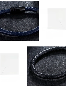 Detail view of woven genuine leather bracelets with black plated magnetic metal clasps