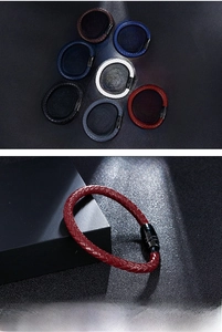 Close-up of woven microfiber leather bracelets in seven colors with magnetic clasps