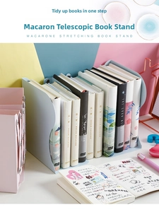 Adjustable metal bookend in macaron blue and pink with extendable side support structure