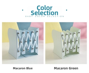Adjustable macaron blue and green metal desk bookends with expandable cross-link structure