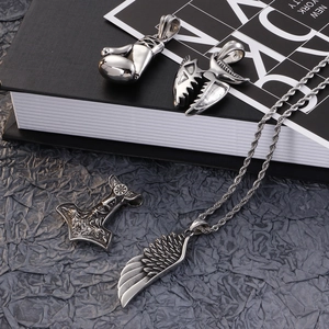Vintage Viking Raven and Thor Hammer pendants with stainless steel rope chain for men