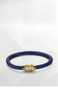 Detail showing blue braided leather strap and golden titanium steel cylinder clasp