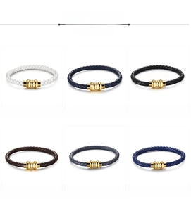 Selection of braided leather bracelets in six colors with golden magnetic clasps