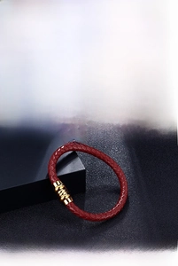 Macro detail of multi-color woven leather bracelets with polished gold metal clasps