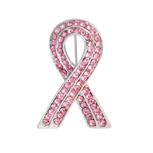 Silver pink ribbon brooch with sparkling rhinestones for awareness and fashion