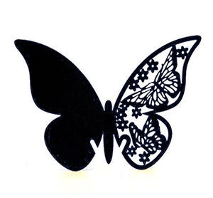 Detailed view of black laser-cut butterfly wall sticker with intricate hollow pattern