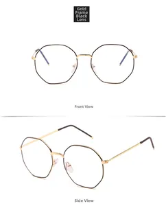Detailed front and side views of geometric metal glasses frames in gold and black finish