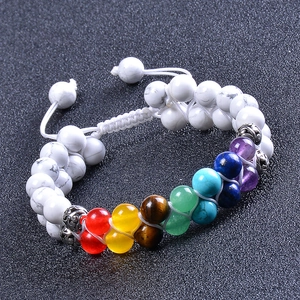 Double Row Chakra Beaded Bracelet Natural Tiger Eye Amethyst White Turquoise Lava Stone Woven Adjustable Yoga Meditation Jewelry