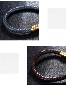 Macro detail of hand-woven leather bracelets with electroplated gold magnetic clasps