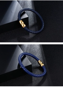 Detail of blue woven leather bracelet with golden magnetic stainless steel clasp