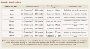 Size chart for colorful glass beads showing particle diameter and inner circumference