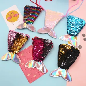 Mermaid Tail Sequin Coin Purse Kids Crossbody Bag Reversible Holographic Tail Lanyard Small Wallet Girls