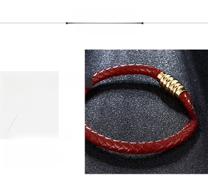 Close-up of red braided leather bracelet with 316L stainless steel gold magnetic clasp