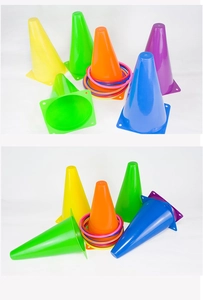 Detail of colorful plastic cones and rings set for children's sensory and sports training