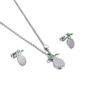 Charming silver pineapple jewelry set with green enamel accents and zircon stones