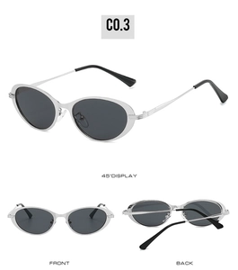 Oval silver metal frame sunglasses with dark grey lenses shown from multiple angles