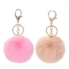 Dettaglio di pompon in finta pelliccia rosa e beige con portachiavi in metallo dorato
