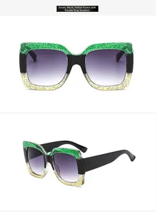 Détail de lunettes de soleil carrées oversize avec monture vert-noir-jaune et verres dégradés
