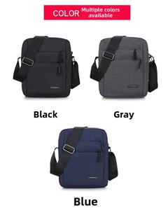 Three men's oxford crossbody bags in black, grey, and blue colors with multi-pockets