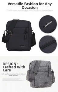 Detail view of Oxford fabric shoulder bag featuring metal zippers and brand logo plate