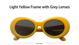 Front view of retro oval sunglasses featuring a thick yellow frame and dark grey lenses