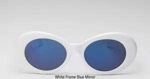 Close-up of retro oval white frame sunglasses with reflective blue mirrored lenses