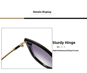 Detailed close-up of a sturdy gold metal hinge on cat-eye sunglasses with purple lenses
