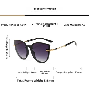 Detailed size specifications for cat-eye sunglasses with purple gradient lenses