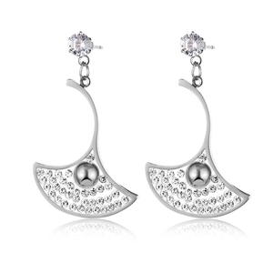 Detailed close-up of silver fan-shaped earrings with micro-inlaid cubic zirconia
