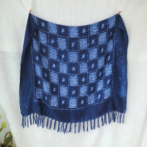 Blue tie-dye plaid cotton scarf with handmade tassels for travel decoration
