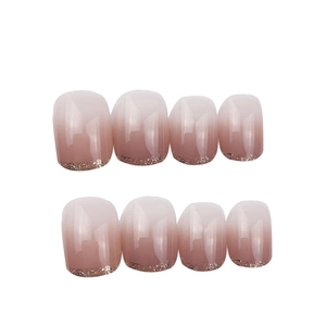 French ombré nude pink press-on nails with gold glitter accent and short square shape