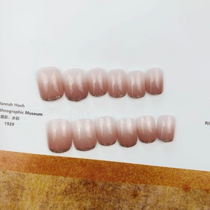 French gradient nude pink press-on nails with silver glitter tips in square round shape
