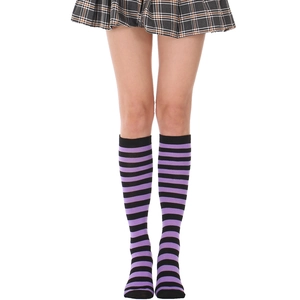 Japanese college style purple and black striped over-knee socks for women in knit cotton