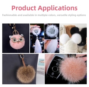 Collage of plush owl fur pompom charms used for handbags and knitted hat accessories