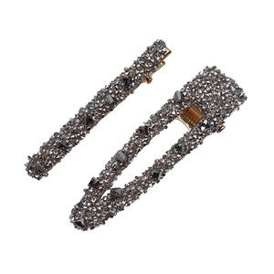 Lot de 2 barrettes dorées avec cristaux gris, formes rectangulaires et gouttes d'eau