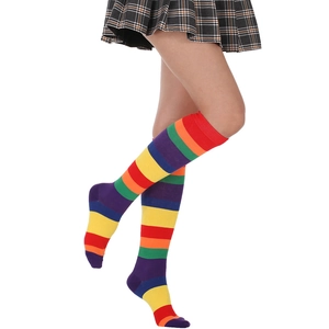 Detailed close-up of rainbow striped mid-calf cotton socks with vibrant knitted texture